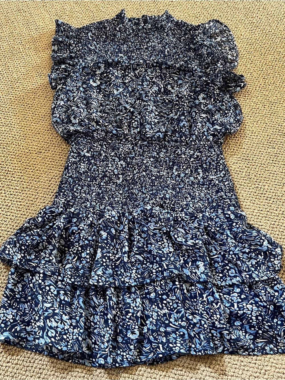Aqua Women’s Smocked Navy Floral Ruffle Dress-size medium